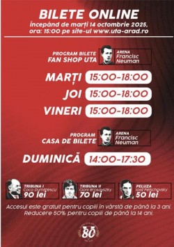 S-au pus în vânzare biletele pentru meciul UTA - Oțelul Galați. Prețul a rămas neschimbat: între 50 și 90 de lei