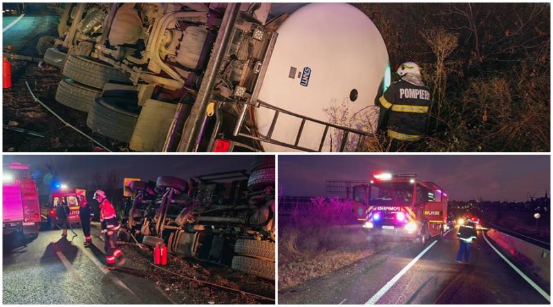 O cisternă încărcată cu lapte s-a răsturnat la Vinga. Șoferul a fost transportat la spital

