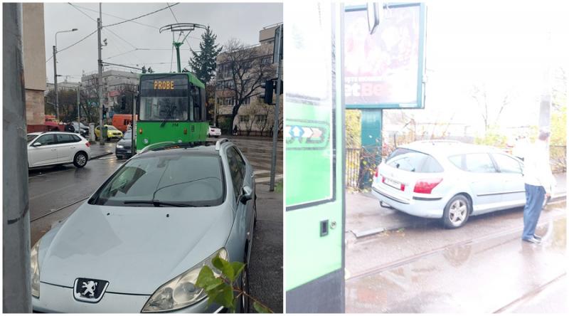 ”Tramvaiului corporatiștilor” blocat de un șofer care s-a dus să-și cumpere mici și și-a parcat mașina pe linia de tramvai