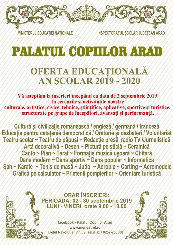 Din 2 septembrie încep înscrierile la Palatul Copiilor Arad