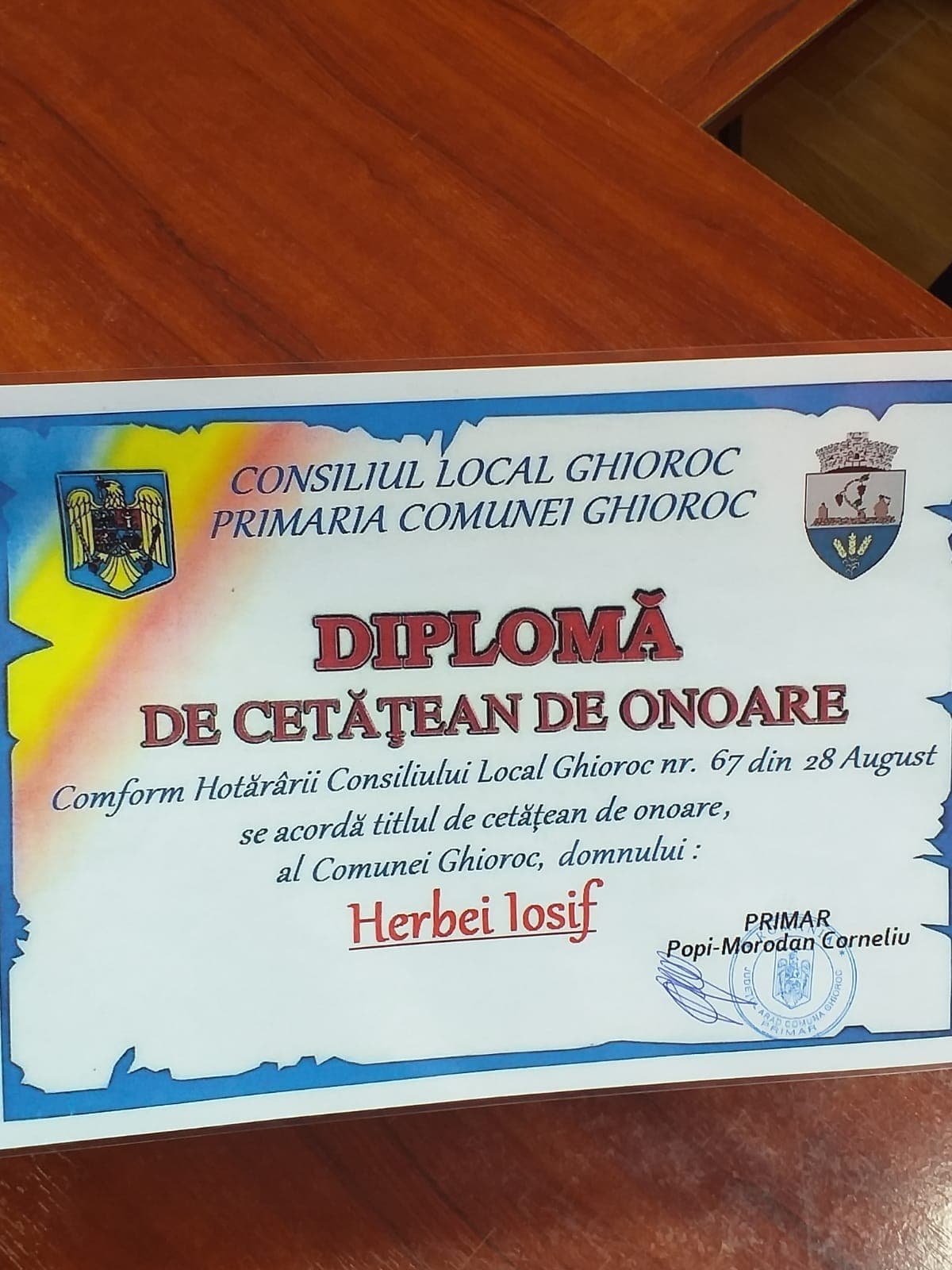 Plutonierul major Herbei Iosif a fost declarat cetățean de onoare al comunei Ghioroc